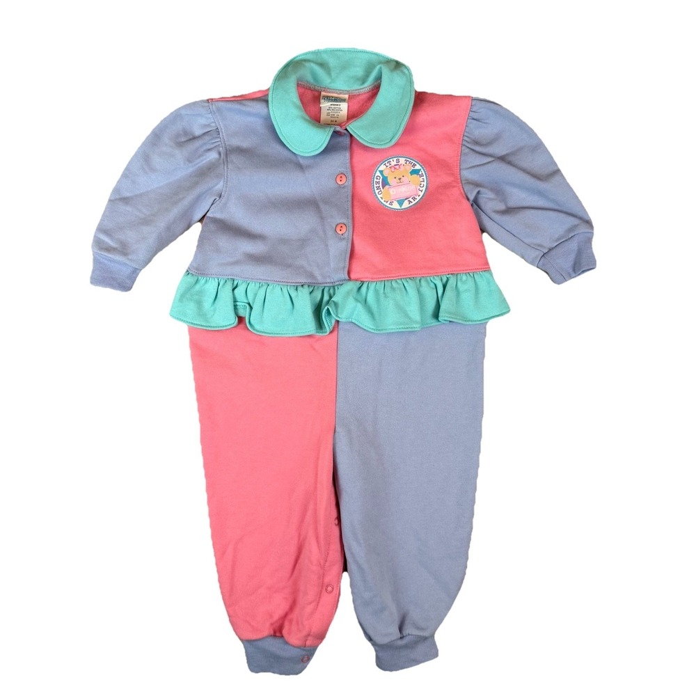 Vintage Osh Kosh Baby‎ B'Gosh Bubble Romper 24 Months 80s 90s Bear Pastel Ruffle